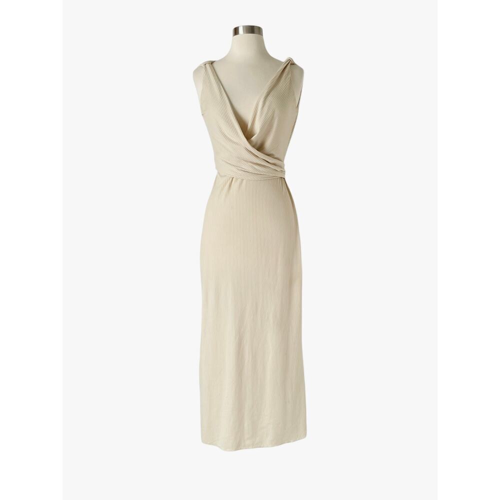 Mayle Vasquez Palmarena Dress XS Beige Cream Ribbed Midi Wrap Tie Waist - Picture 2 of 6